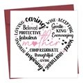 Detail view of Mother's Day card with heart word cloud and a deep red envelope - Square Mother Praise Heart Cloud (QT1271-16)