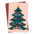 Carte de Noël drôle avec sapin vert sur fond rose et une enveloppe rouge foncé - Sapin de Noël sur Neige Rose(QT1029-17)
