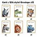 Set of 12 animal birthday cards featuring lions and zebras with matching envelopes - Animal Cartoon Mix (QT1380)