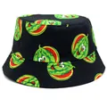 Fashionable black bucket hat with cartoon watermelon print for outdoor sun protection - Black