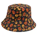 Halloween bucket hat with orange pumpkin and purple bat patterns on black cotton fabric - M (56-58cm) / Style 2 (Pumpkin Bat Star Print)