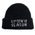 Black Spooky Season knit beanie featuring white embroidered ghost heart for Halloween - One Size / Black