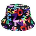 Black reversible bucket hat with vibrant colorful alphabet prints for outdoor sun protection - M (56-58cm) / Black