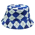 Blue and white plaid reversible bucket hat with reinforced stitched brim for outdoors - Blue