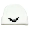 White knitted beanie featuring a black bat embroidery for winter warmth and style - One Size / White