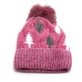 Winter rose red chenille knit hat with pompom and white Christmas tree jacquard patterns - One Size / Pink