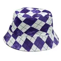 Close-up of purple and white checkered bucket hat with black line grid detail - Purple