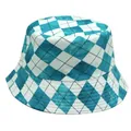 Detail of blue and white checkered bucket hat with reinforced stitching on the brim - Lake Blue
