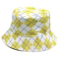 Detail of yellow and white plaid bucket hat showing fine stitching and twill fabric - Yellow