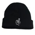 Black knit beanie with skeleton embroidery drinking coffee for winter outdoor warmth - One Size / Black