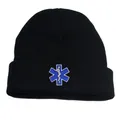 Gorro de punto negro con bordado azul Star of Life para el calor invernal y aire libre - Talla única / Negro
