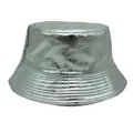 Detailed view of silver PU leather bucket hat with cracked texture and reinforced stitching - M (56-58cm) / Shiny Silver Cracked Texture