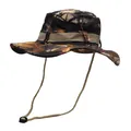 Close-up of jungle camouflage boonie hat with breathable metal eyelets and adjustable strap - Dark Brown Dead Leaf Camouflage (Style 1)