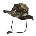 Detail of outdoor camo boonie hat with wide brim and adjustable green chin strap - Dead Leaf Yellow Brown Camouflage (Style 3)