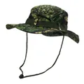 Close-up of camouflage tactical boonie hat with adjustable chin strap and vent holes - Woodland Dark Green Camouflage (Style 5)