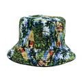 Cappello a secchiello reversibile con stampa tropicale di palme e auto d'epoca da spiaggia - M (56-58cm) / Stampa Tropicale E Nero (Reversibile)
