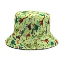 Light green canvas bucket hat with colorful cartoon dinosaur prints for all-day sun protection - M / Yellow