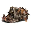 Detail van de 3D-camouflage jachthoed met lasergesneden kunstmatig bladpatroon - Koffie Camo Platte Pet