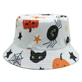 Detail van canvas vissershoed met Halloween-patronen van pompoenen en spinnen - M(56-58cm) / Wit