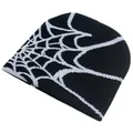 Knitted beanie featuring a white spider web pattern on black fabric for winter warmth - One Size / Dark Grey