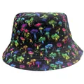 Reversible bucket hat with psychedelic neon mushroom print on black polyester fabric - M(56-58cm) / Mushroom Print (Style 1)