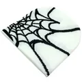 Close-up of white knitted beanie with black spider web pattern and soft texture - One Size / White