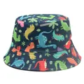 Navy blue bucket hat with colorful cartoon dinosaur print and green palm leaves - Medium (56-58cm) / Dark Blue Cartoon Dinosaur (Style 1)