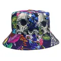 Cappello da pescatore double face con stampa digitale di teschi e funghi - Stampa Psichedelica Teschio e Fungo Fluorescente