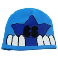 Dettaglio del berretto in maglia celeste con stella blu scuro e motivi a denti - Taglia unica / Blu