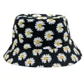 Double-sided bucket hat with white daisy floral print on black cotton canvas base - Black Base All-over White Daisy Print
