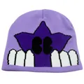 Dettaglio del berretto in maglia viola chiaro con motivo a stelle viola scuro e trama - Taglia unica / Viola