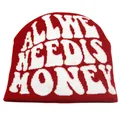 Red knit beanie with white ALL WE NEED IS HONEY jacquard text for winter warmth - Red and White (Model 1) / Red Bottom White Text-ALL WE NEED IS HONEY