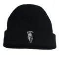 Schwarze Strickmütze mit weißer Sensenmann-Stickerei und Umschlag für den Winter-Style - Einheitsgröße / Schwarz