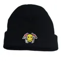 Berretto in maglia nera con ricamo fungo e smiley per calore all'aperto e stile casual - Taglia unica / Nero