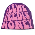 Close-up of purple knit beanie featuring pink ALL WE NEED IS HONEY letter jacquard detail - Purple and Pink (Model 2) / Purple Bottom Pink Text-ALL WE NEED IS HONEY