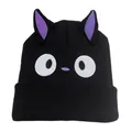 Berretto nero in maglia con orecchie di gatto viola e ricamo occhi di cartone animato - Taglia unica / Nero