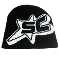 Berretto in maglia nera con ricamo logo stella SC bianca per stile streetwear invernale - Nero Motivo a Stella