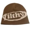 Brown knitted beanie with filthy letter jacquard pattern for winter warmth - Coffee