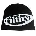 Black knit beanie featuring white filthy jacquard lettering in street style fashion - Black