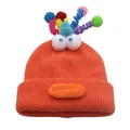Gorro de punto de monstruo naranja con pompones de colores y divertidos ojos 3D de invierno - Talla única / Estilo Monstruo de Cara Naranja / Naranja
