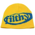 Gele gebreide muts met blauwe filthy jacquard letters voor streetstyle-mode - Geel