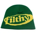 Deep green knit beanie featuring a yellow filthy letter jacquard design for winter - Green