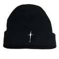 Black ribbed knit beanie with white cross star embroidery for autumn and winter streetwear - One Size / Black