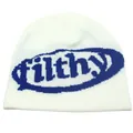 Witte gebreide muts met blauwe filthy jacquard letters voor warmte en streetstyle - Wit