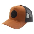 Brown faux suede baseball trucker cap with black mesh and circular embroidery patch - Caramel color