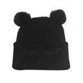 Schattige zwarte gebreide wintermuts voor kinderen met dubbele pompons en een oogjesontwerp - Eén maat / Zwart