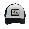 Dettaglio della toppa ricamata con escavatore e camion su un cappello bicolore - Regolabile (48-54cm) / Nero
