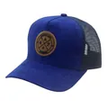 Close-up of blue faux suede truck hat with mesh back and Enjoy Life leather patch - Blue
