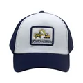 Dettaglio del cappellino bicolore blu e bianco con toppa ricamata di escavatore - Regolabile (48-54cm) / Blu Marino