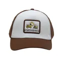 Dettaglio ravvicinato del ricamo con escavatore e camion sul cappello da baseball - Regolabile (48-54cm) / Caffè
